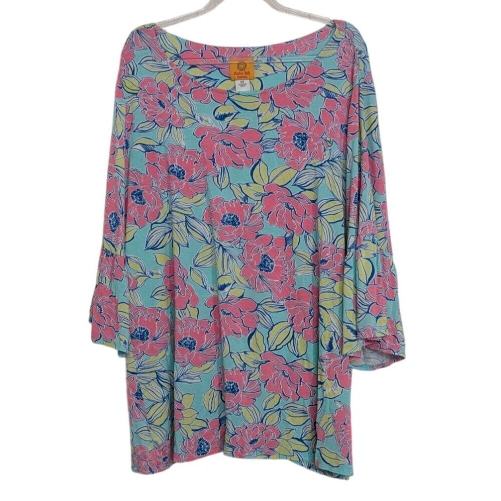 Ruby Rd Floral Shirt Womens Size 2X Green Pink Bell 3/4 Sleeve Rayon Stretch